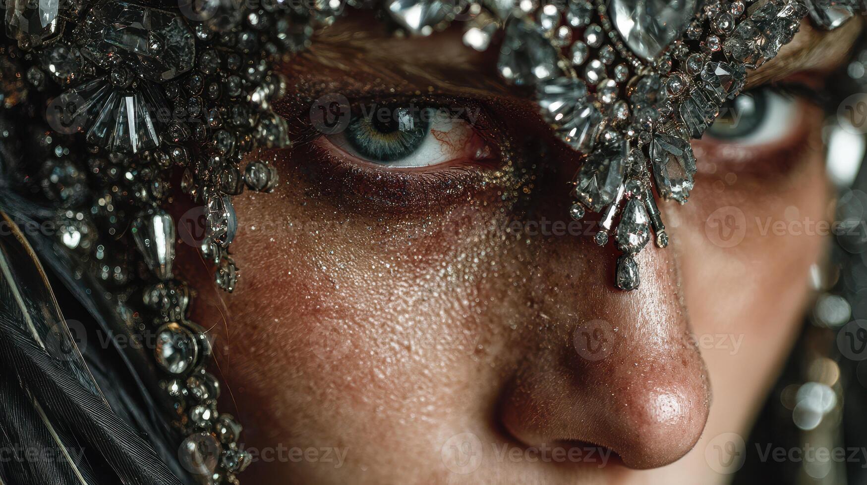 Close-up portrait of a person adorned with intricate jewelry and dramatic makeup in an artistic setting photo