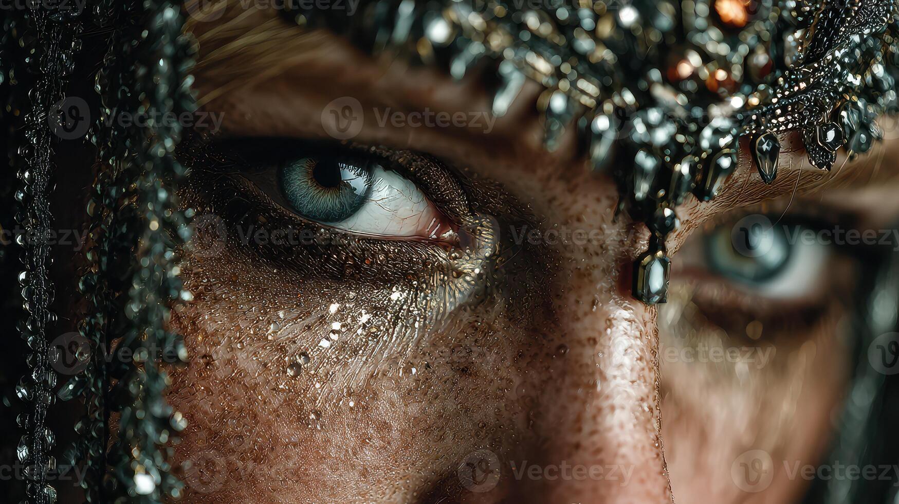 Detailed close-up of a person's eyes adorned with intricate jewelry and shimmering makeup, showcasing an artistic expression of beauty photo