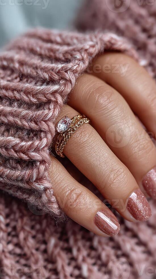 Delicate rose gold ring with sparkling stone displayed on cozy hand in pink knit sweater photo