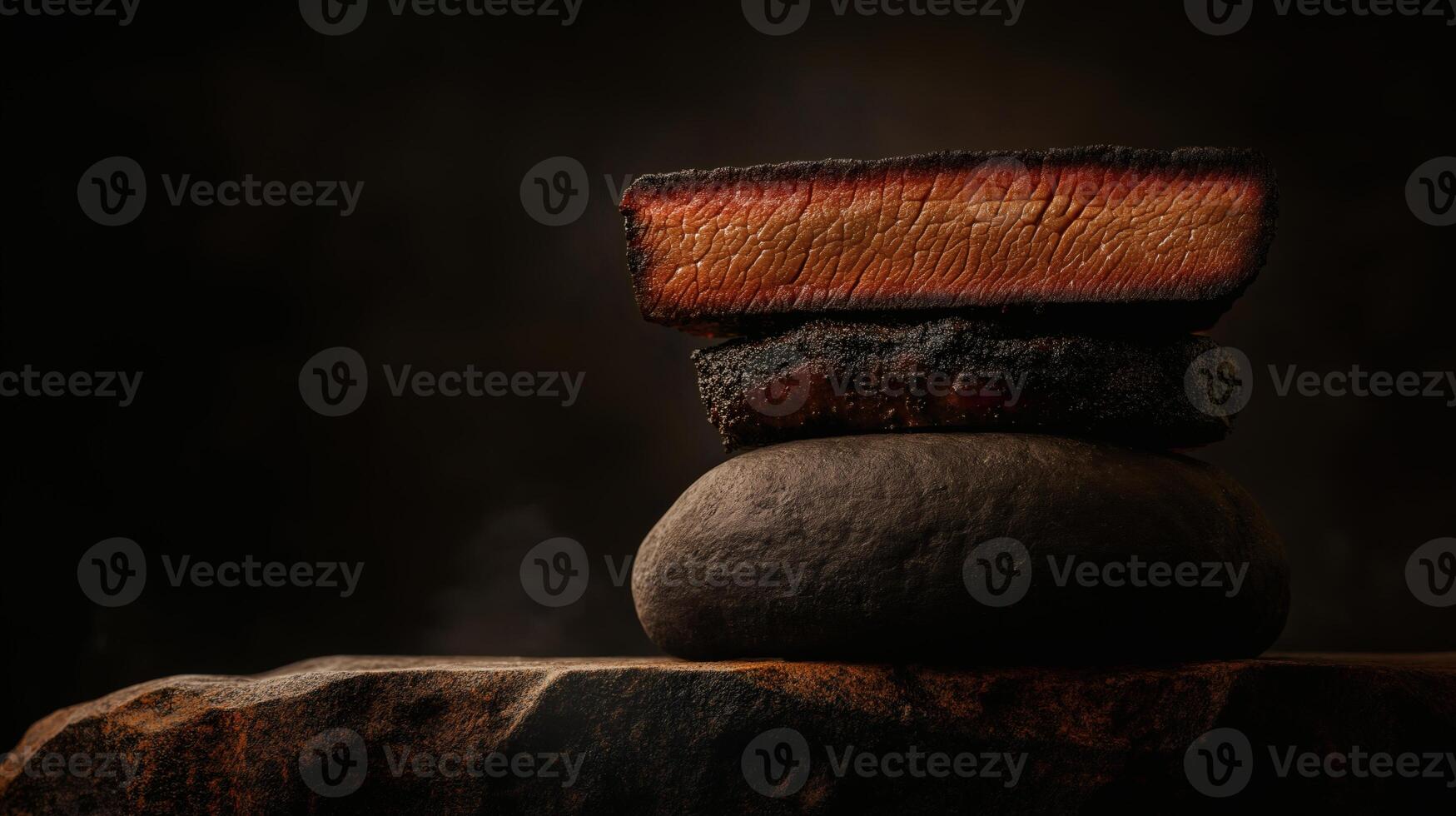 Smoked Brisket Slice on Stone with Rustic Lighting photo