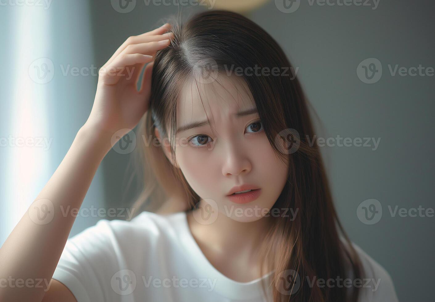 A young woman with long hair sits thoughtfully, gazing off to the side while deep in contemplation in a softly-lit room photo