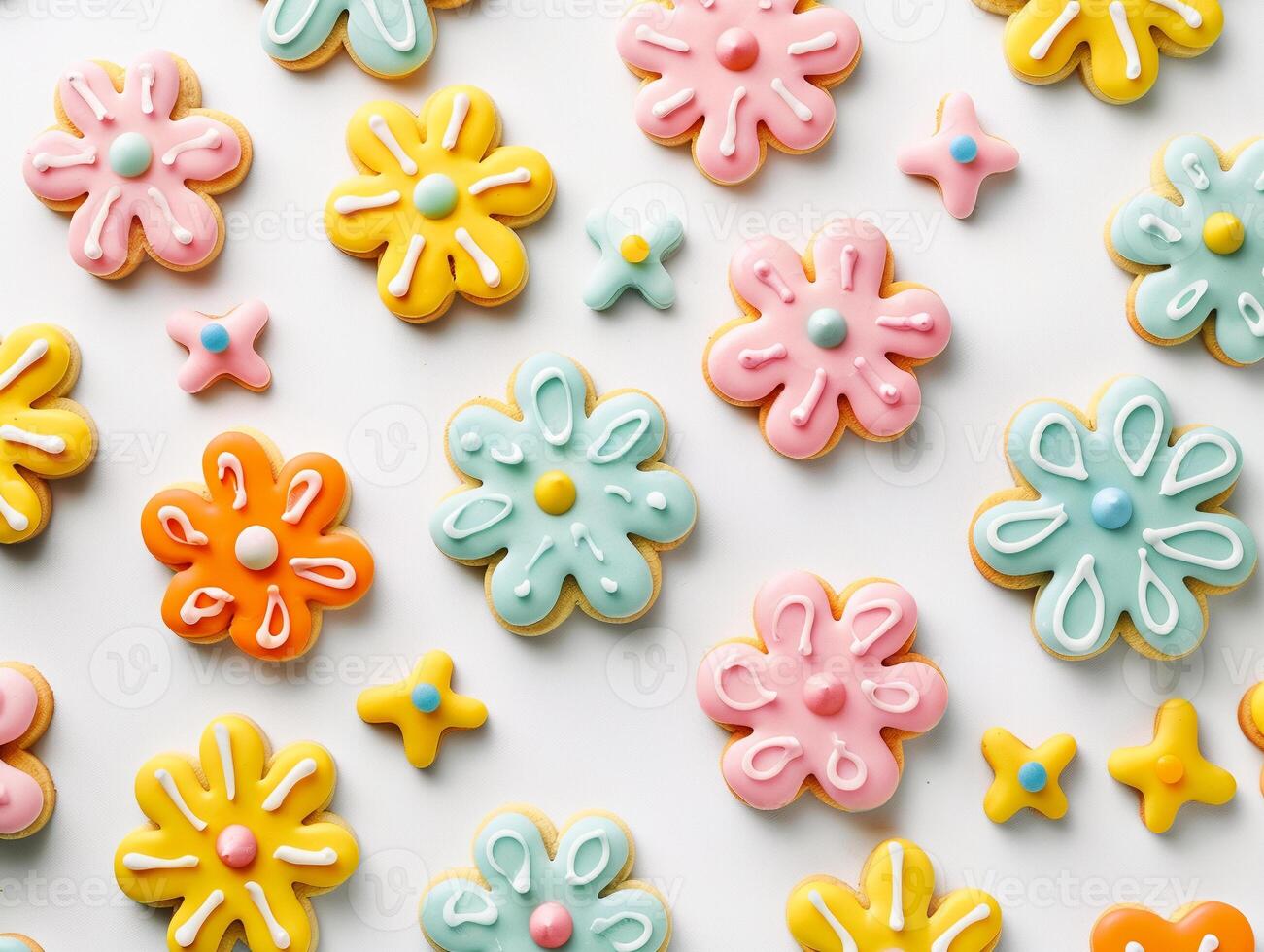 A pretty close up of a variety of colourful cookies with flowers on them photo