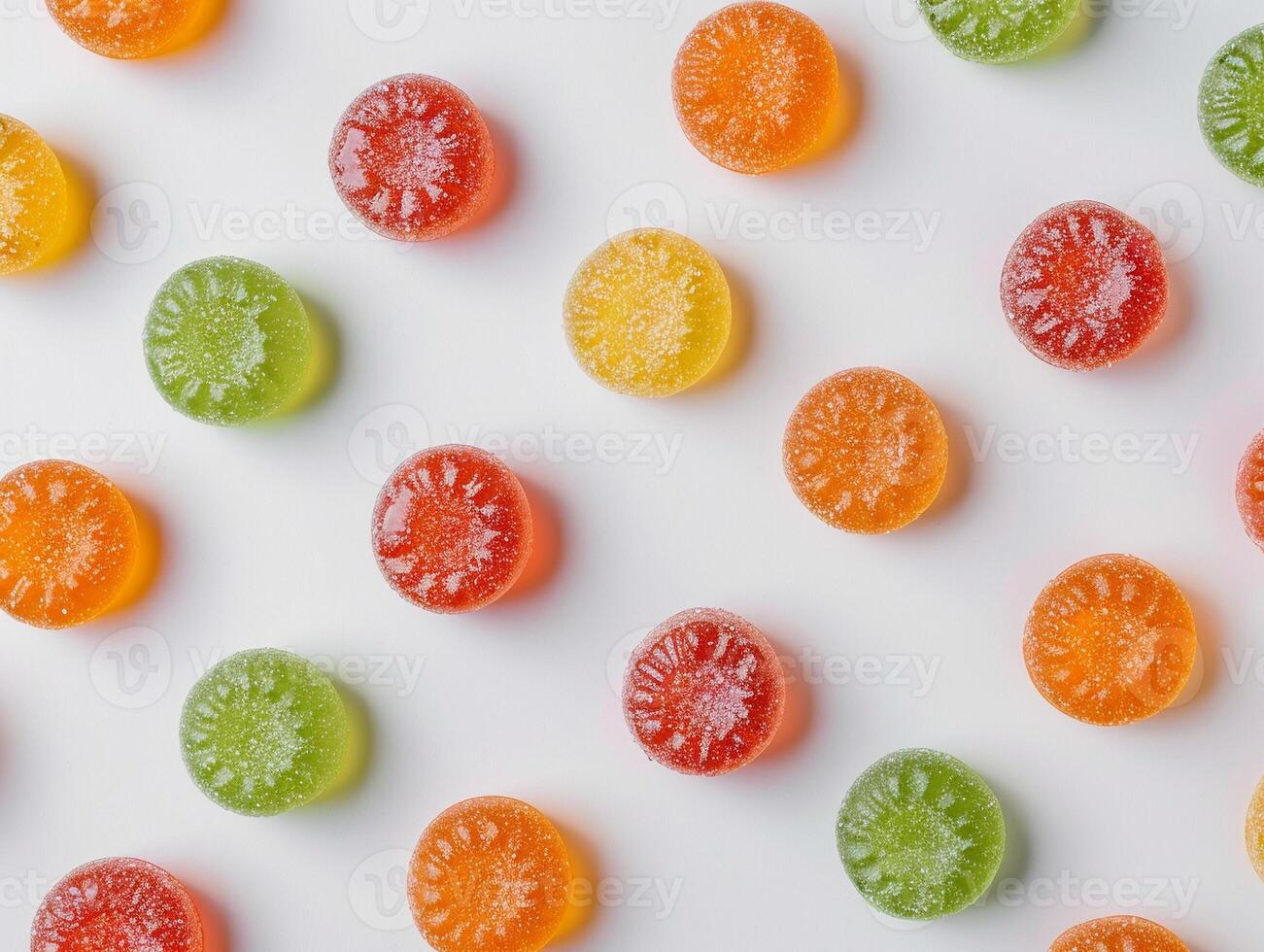 A bunch of colourful gummy bears are arranged in a pattern on a white background photo