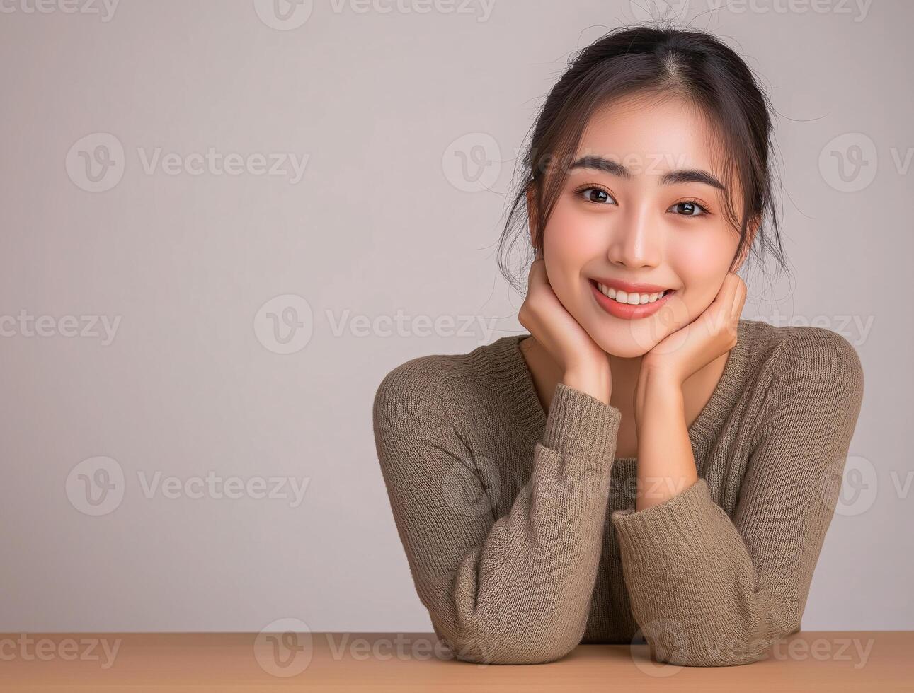 A woman with a smile on her face is sitting at a table photo