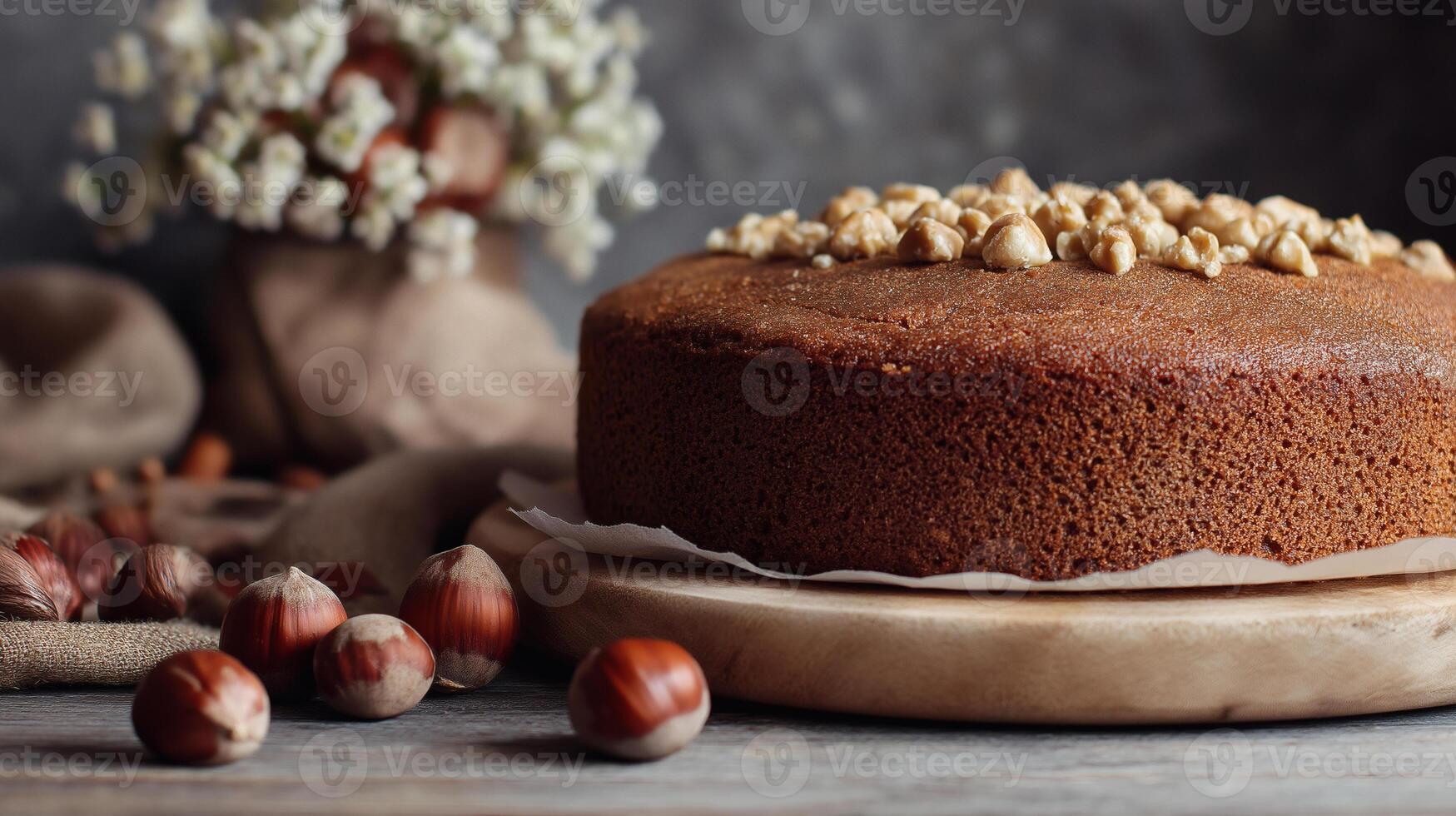 Rustic Hazelnut Cake on Wooden Plate Homemade Dessert Photography photo