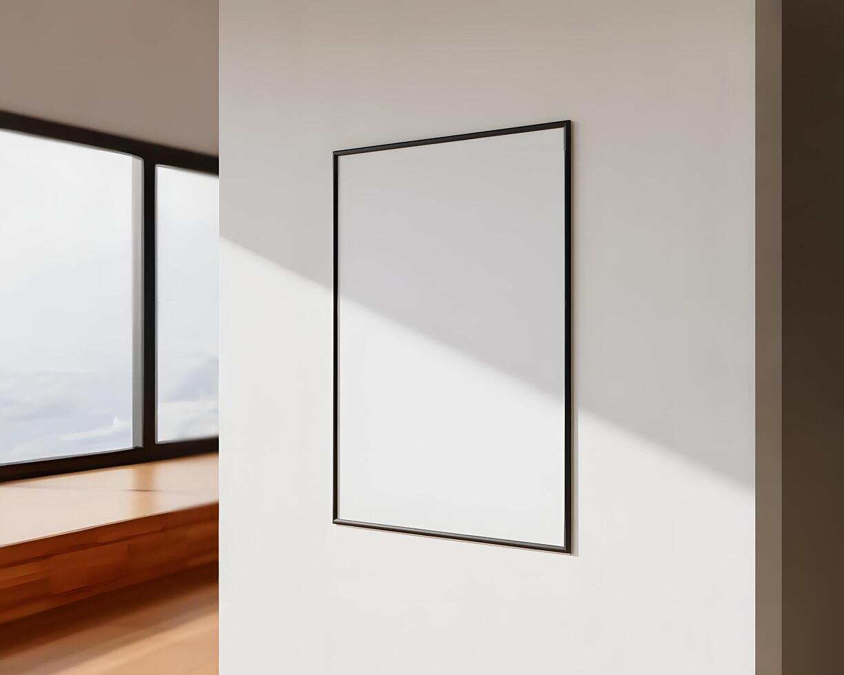 A white room with a large window and a framed picture photo