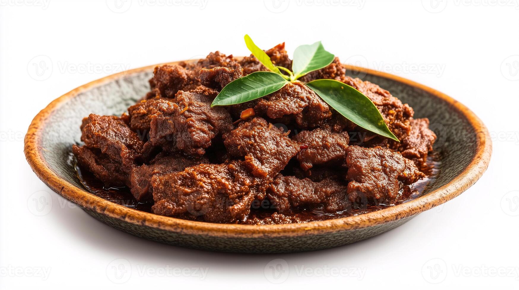 A plate of meat with a leaf on top photo