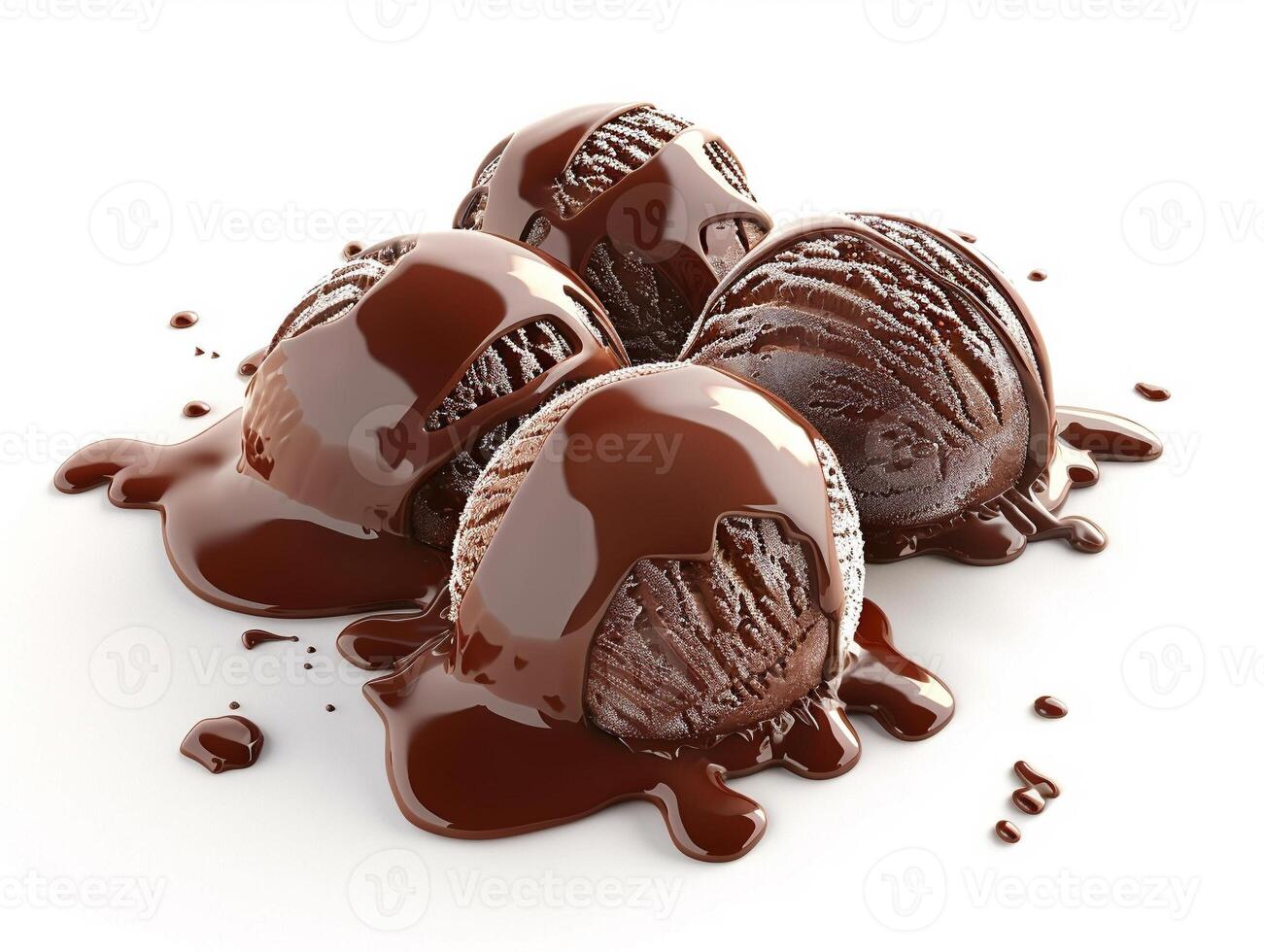 A close up of four chocolate ice cream scoops with chocolate drizzle photo