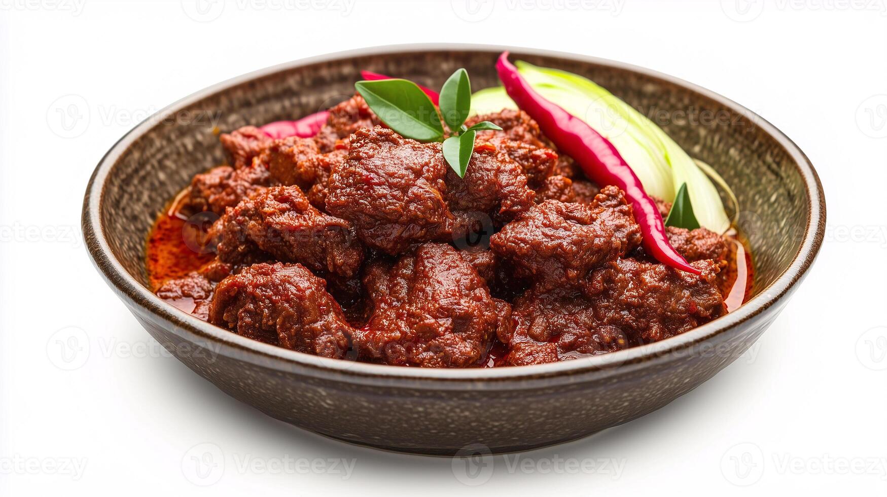 A bowl of red meat with green leaves and red peppers photo