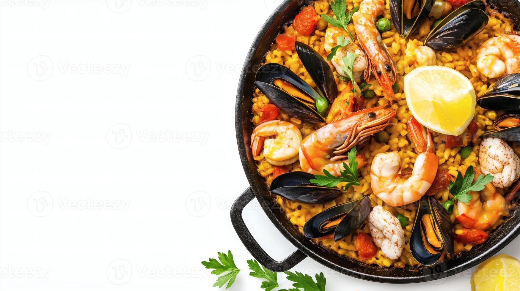 Classic Seafood Paella with Lemon Garnish photo