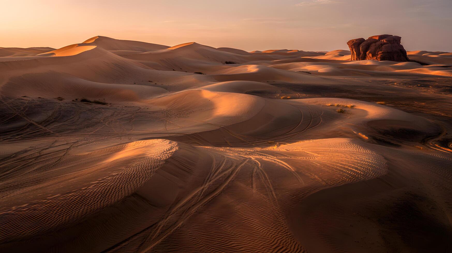 A desert with sand dunes and a rock photo