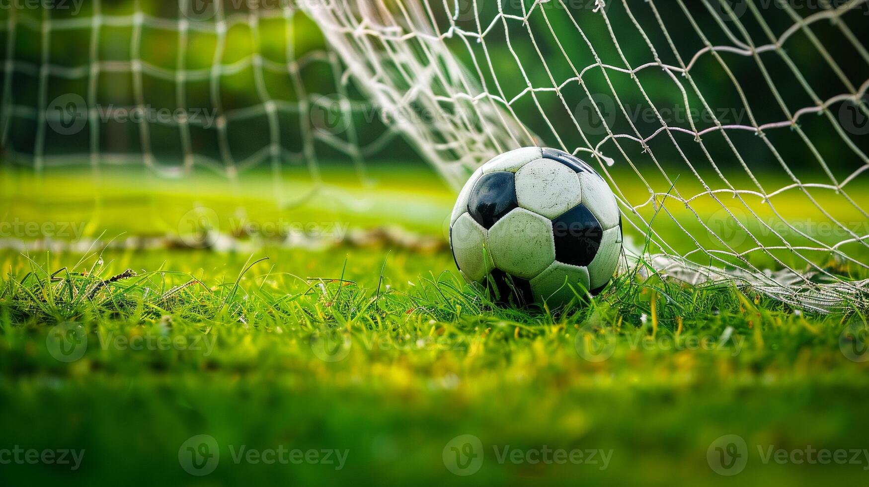 A soccer ball is sitting on the grass next to a soccer goal photo