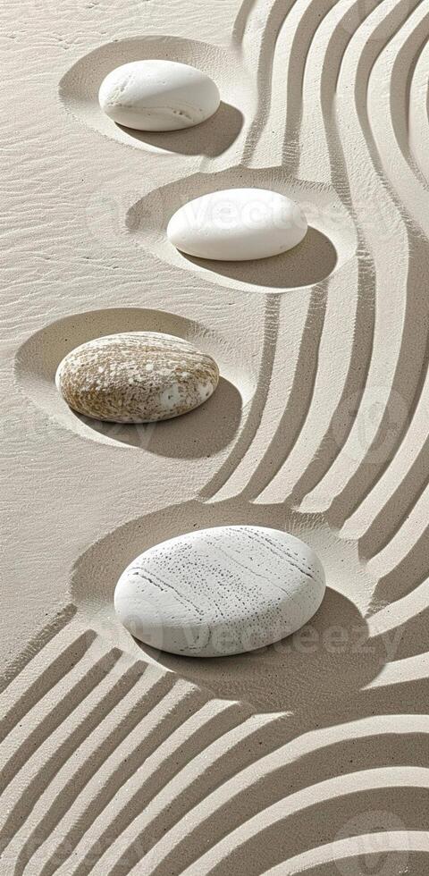 A beach scene with a row of white rocks placed in the sand photo