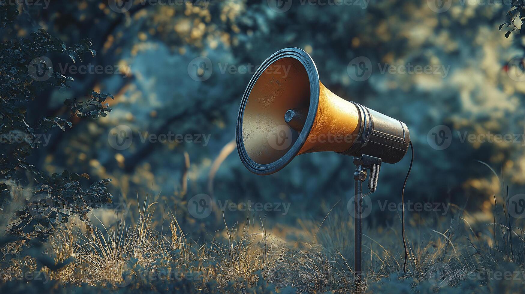 A large, golden microphone is sitting in the grass photo