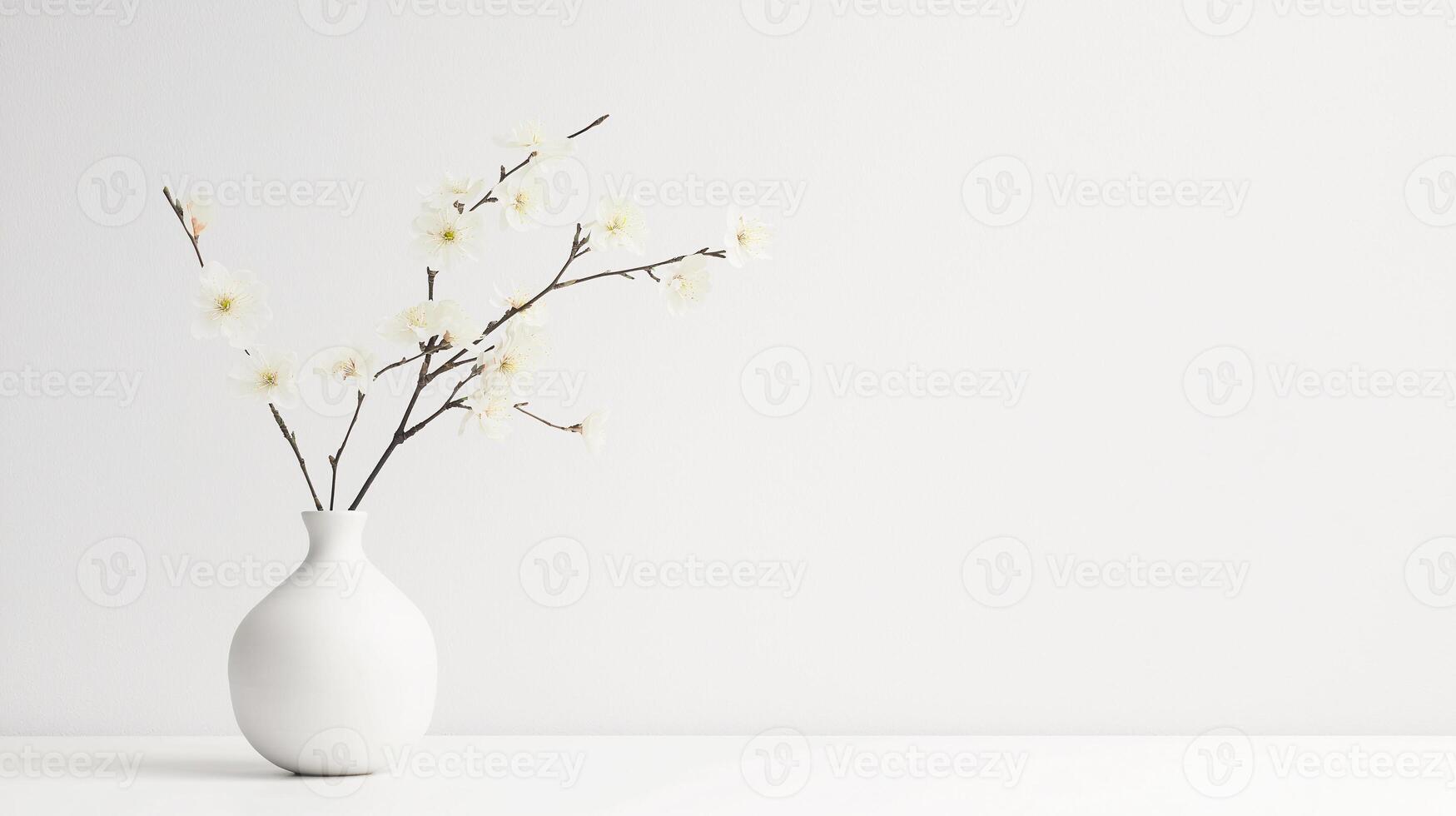 A white vase with a single white flower in it sits on a white table photo