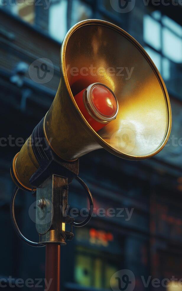 A large golden microphone with a red button on top photo