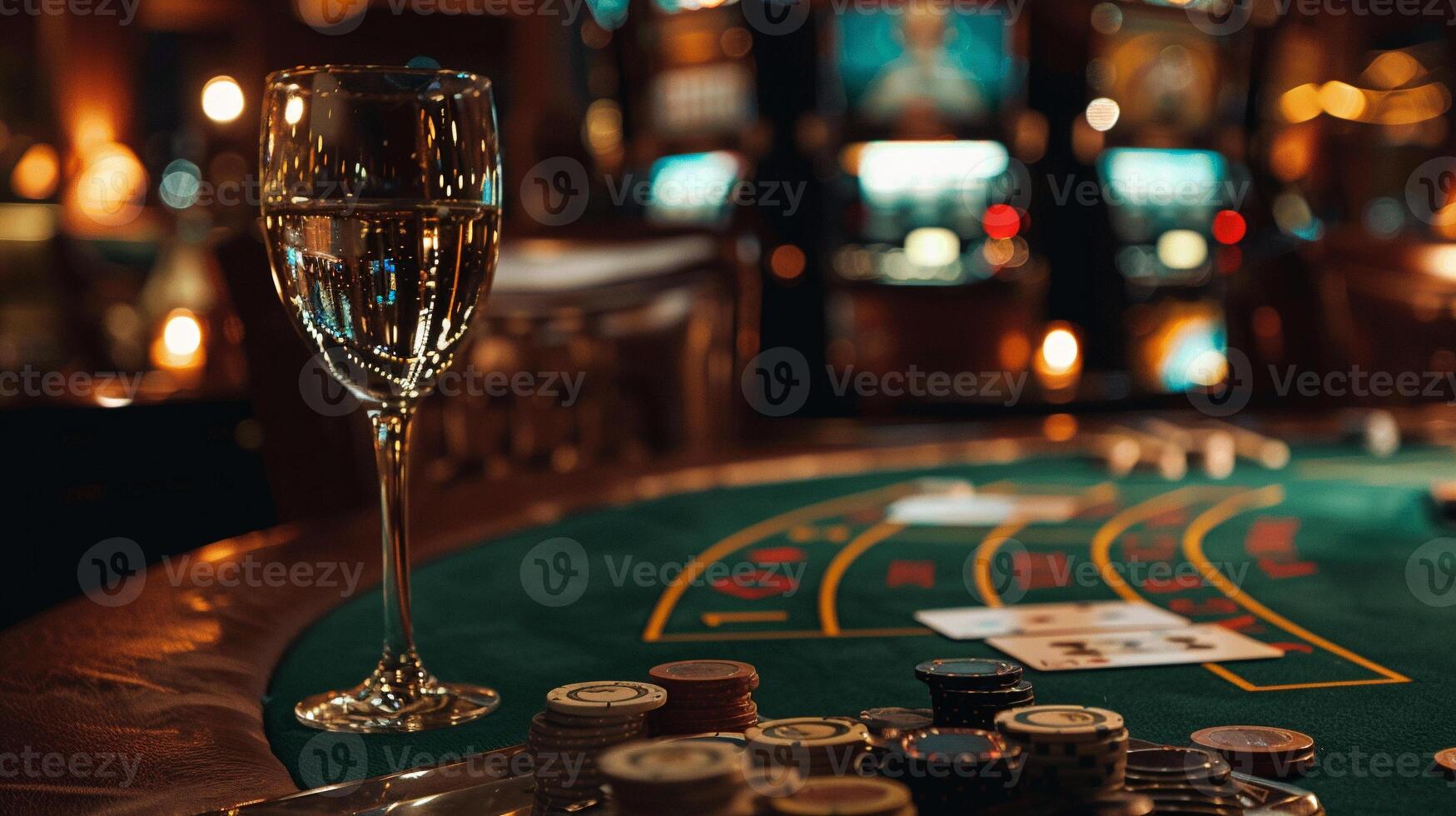 A glass of wine sits on a green table with a pile of poker chips photo