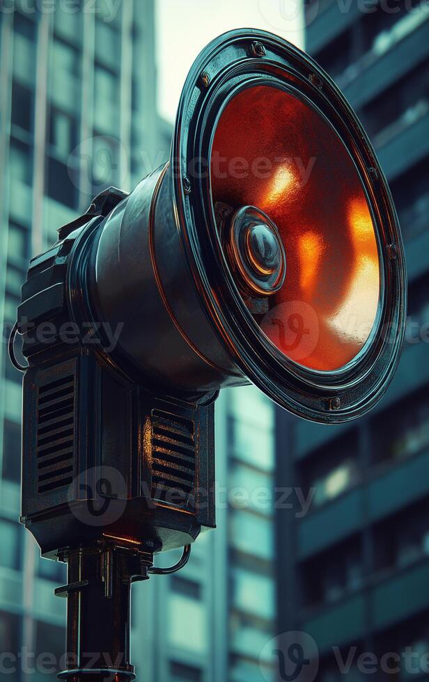 A large speaker is on a pole in front of a building photo
