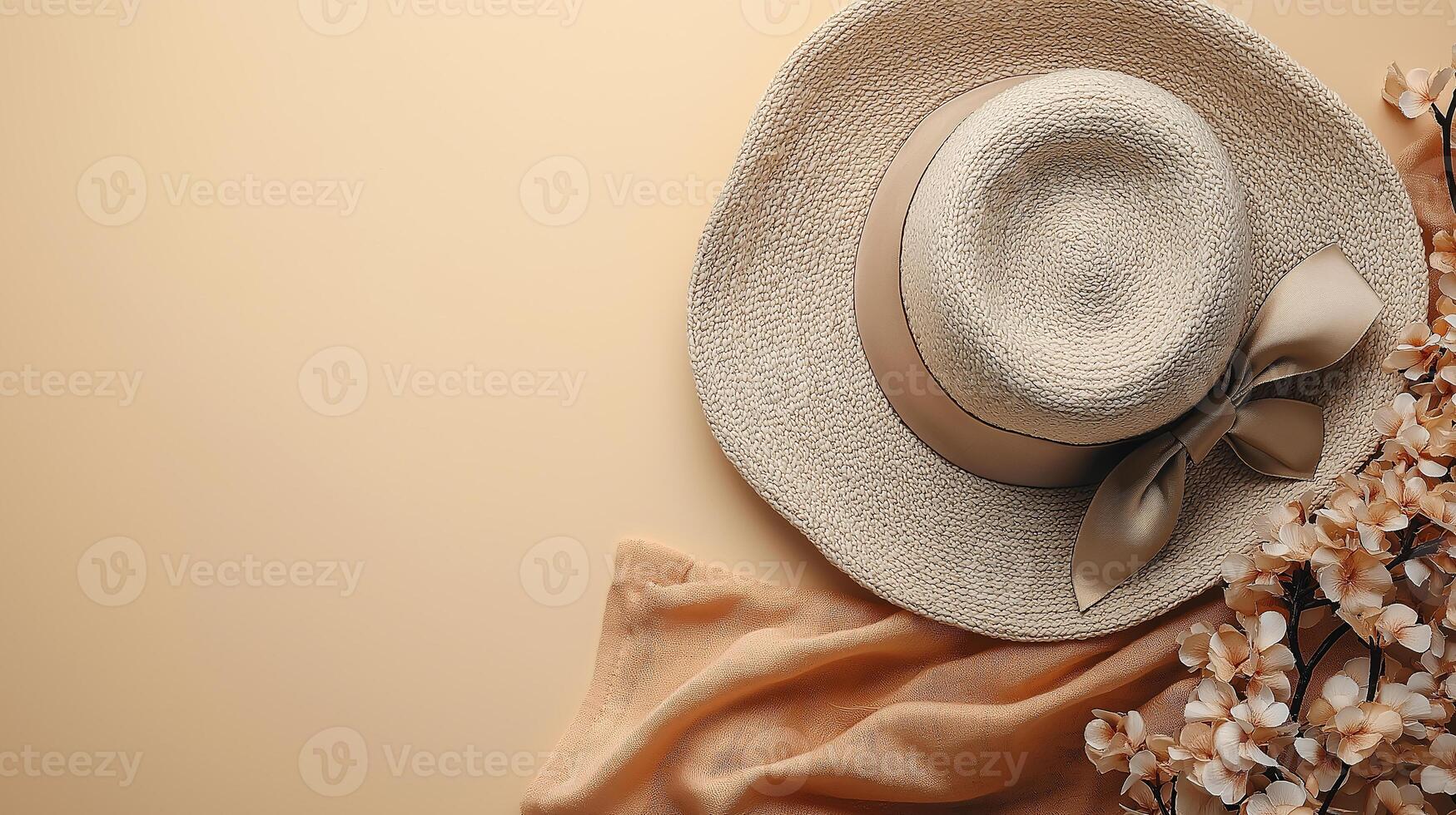 Elegant Straw Hat with Bow and Flowers photo