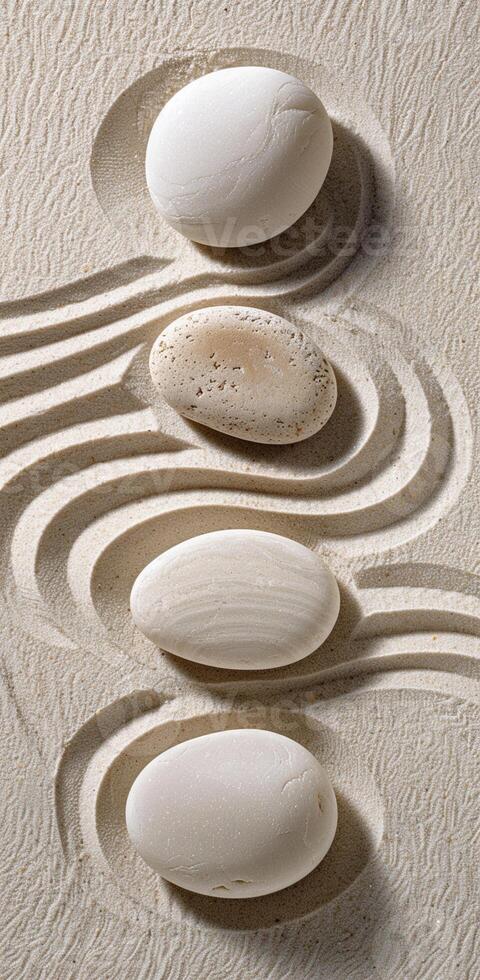 Three white pebbles are arranged in a line on a sandy surface photo