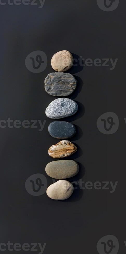 A row of rocks with one of them being black photo