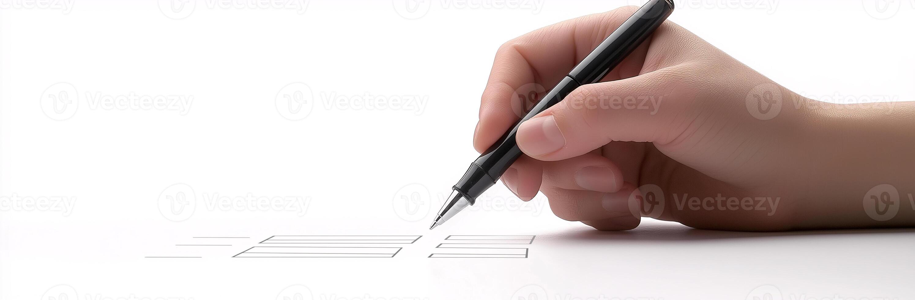 A hand is writing on a white background with a pen photo