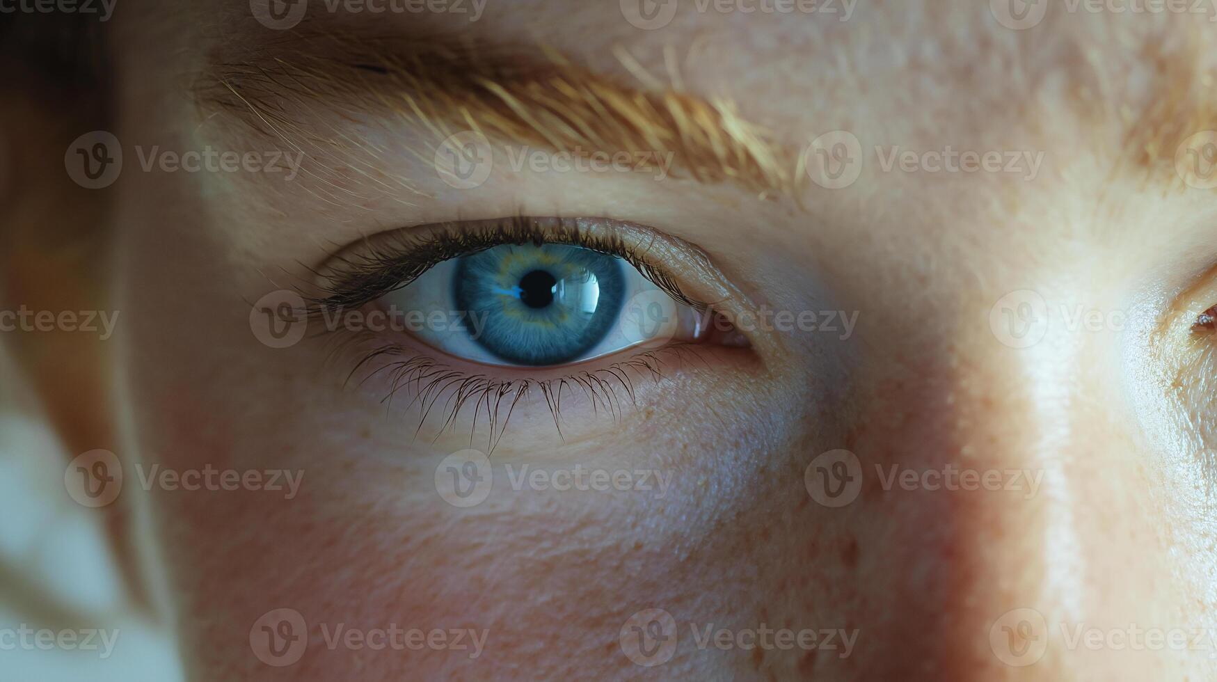 Striking blue eyes reveal a world of emotions through a lens of captivating details and natural beauty in soft light photo