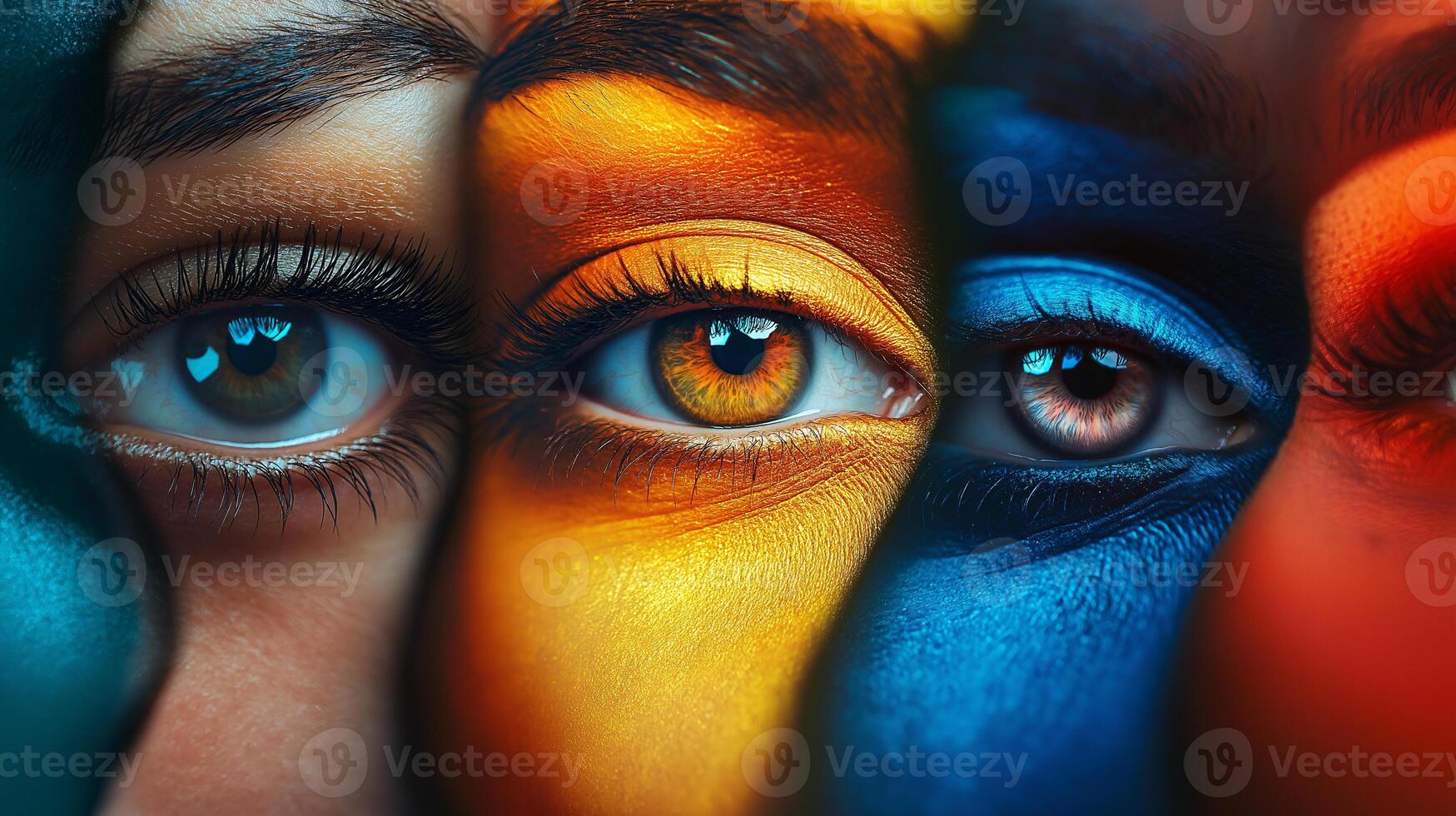 Vibrant close-up of expressive eyes showcasing diverse colours and emotions through artistic face painting techniques photo