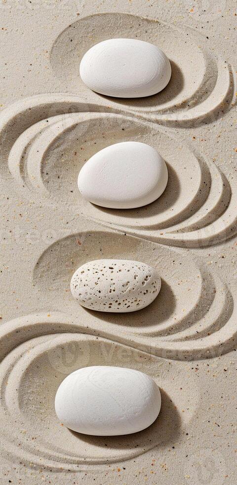 Four white rocks arranged in a line on a sandy surface photo
