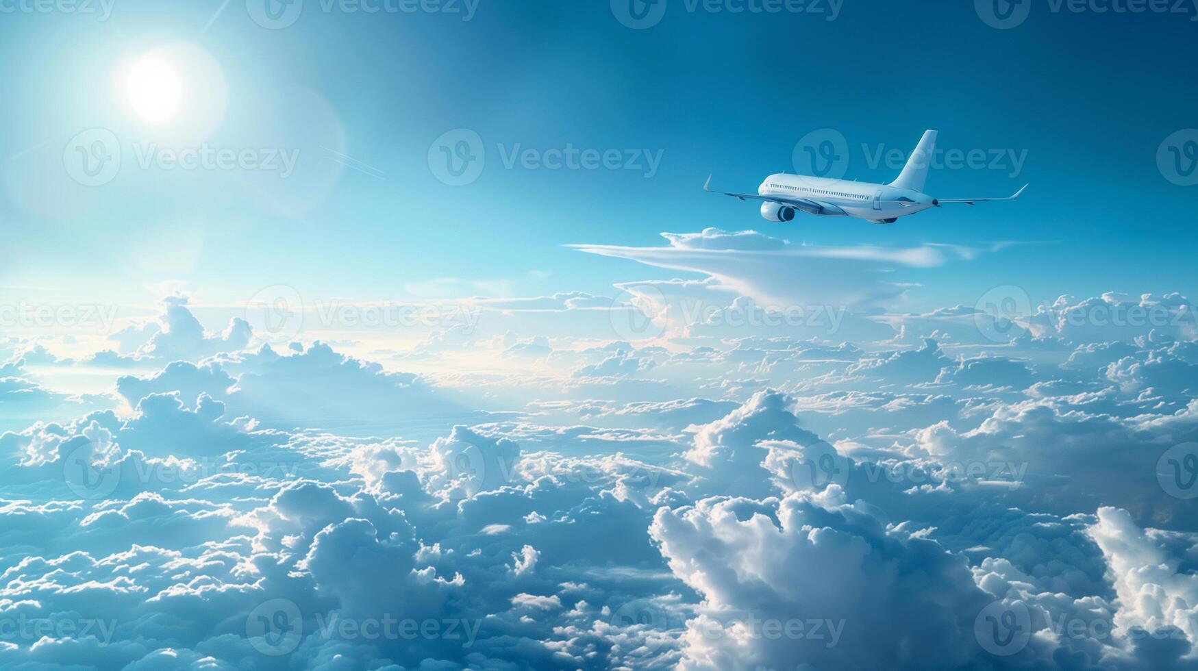 A white airplane is flying through a cloudy sky photo