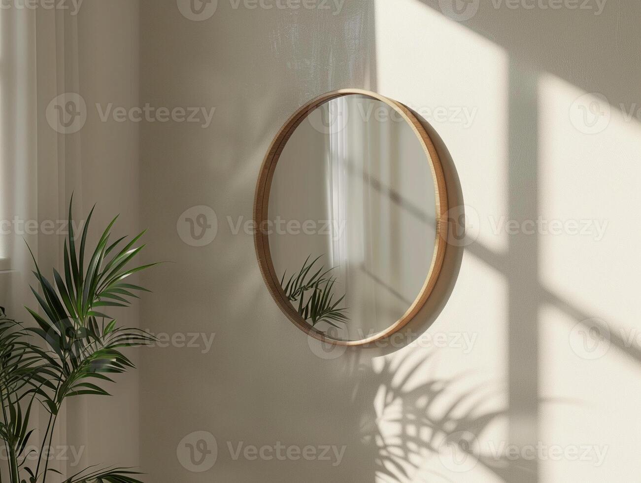 A large round mirror with a plant in front of it photo