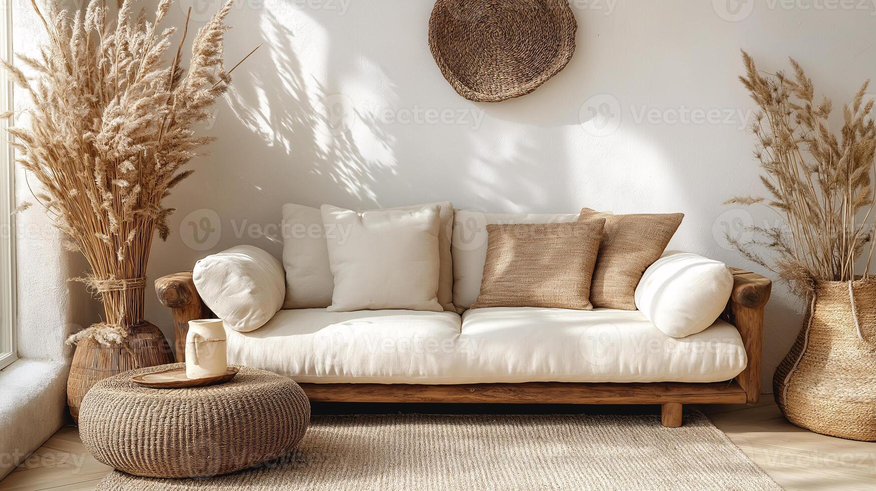 A living room with a white couch and a basket of flowers photo