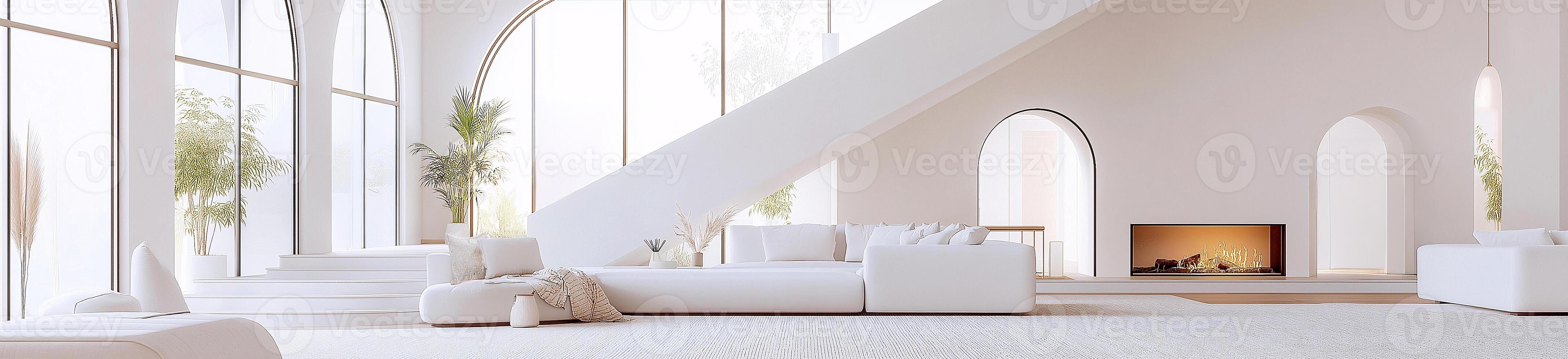 Large white room with a fireplace and a staircase photo