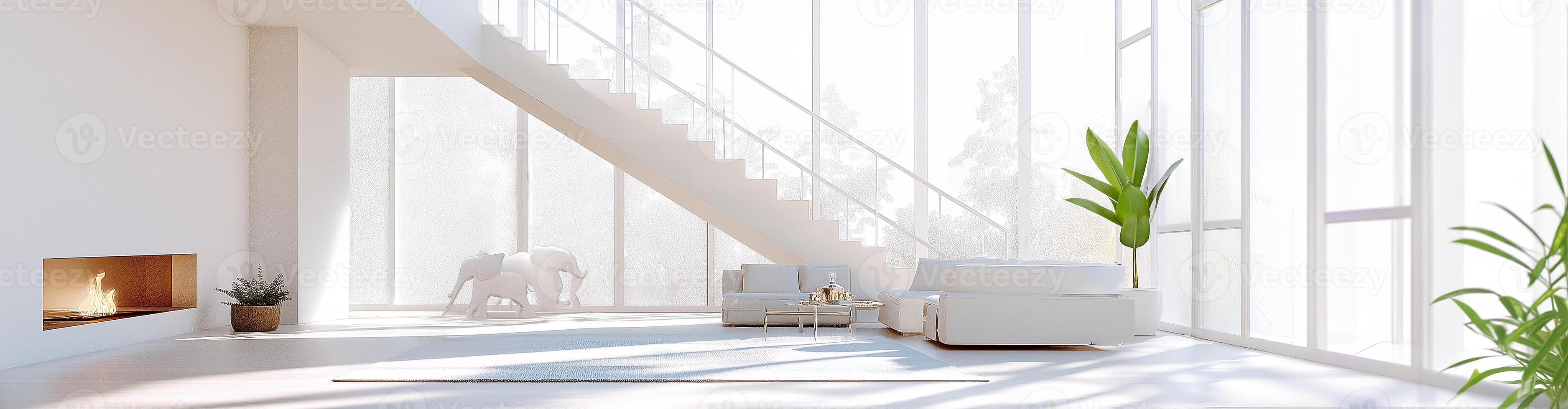 A large, open living room with a fireplace, a staircase, and a white couch photo
