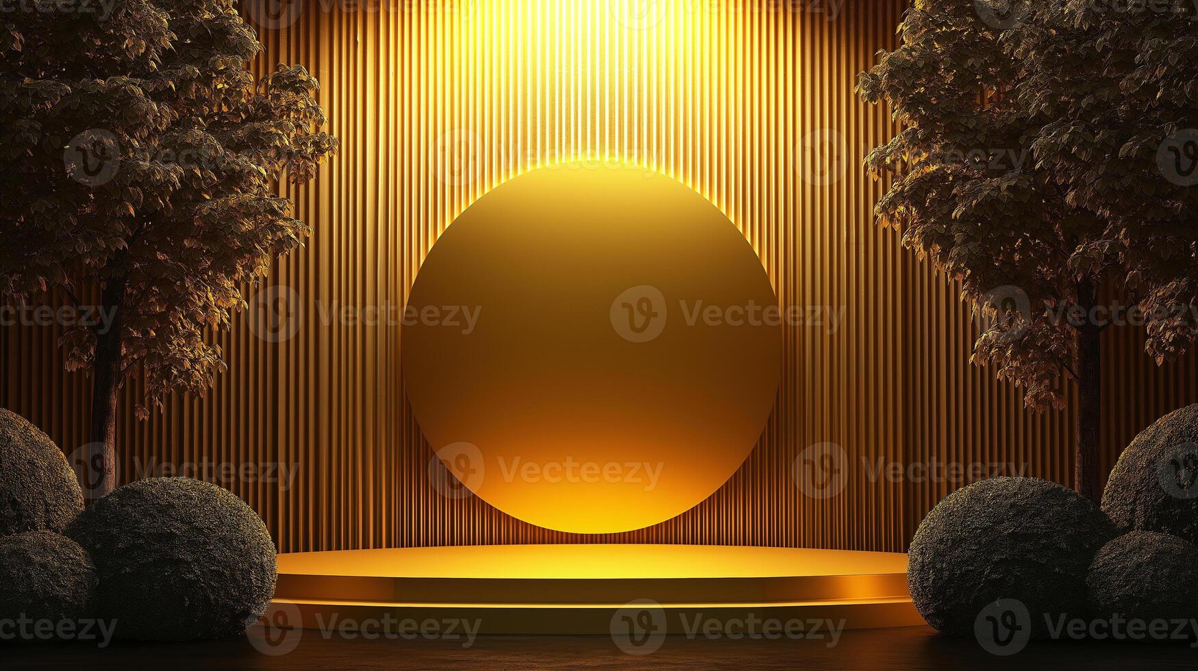 A large gold circle is on a stage with trees in the background photo