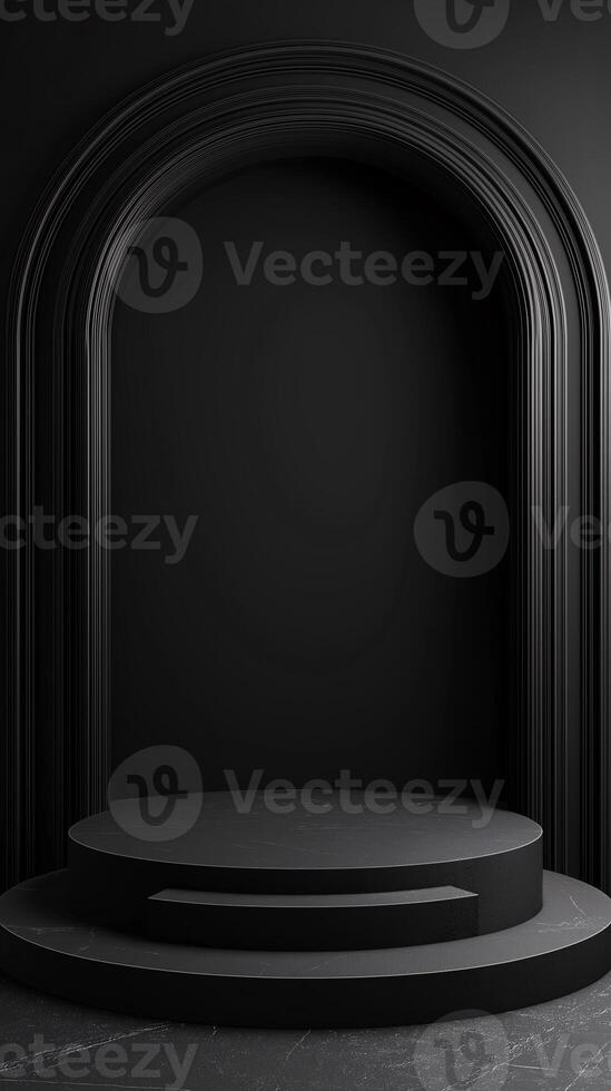 A black and white photo of a black archway with a black pedestal in the middle