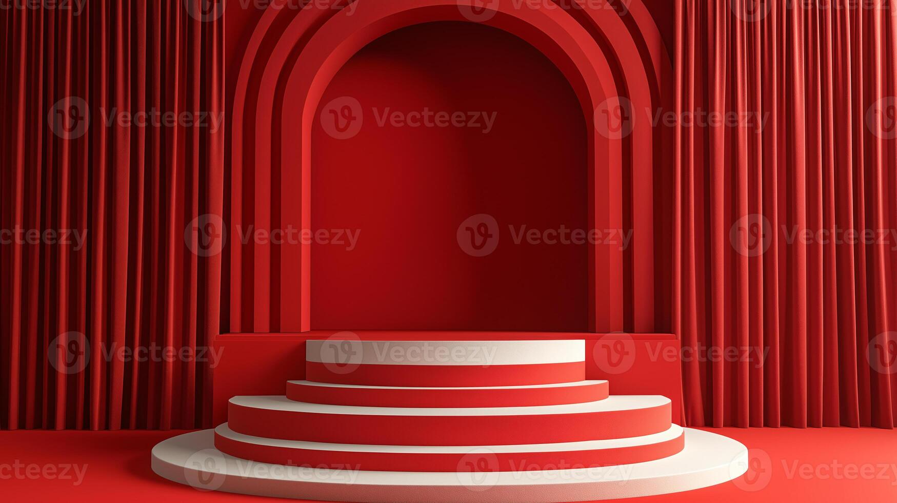 A red stage with white steps and red curtains photo