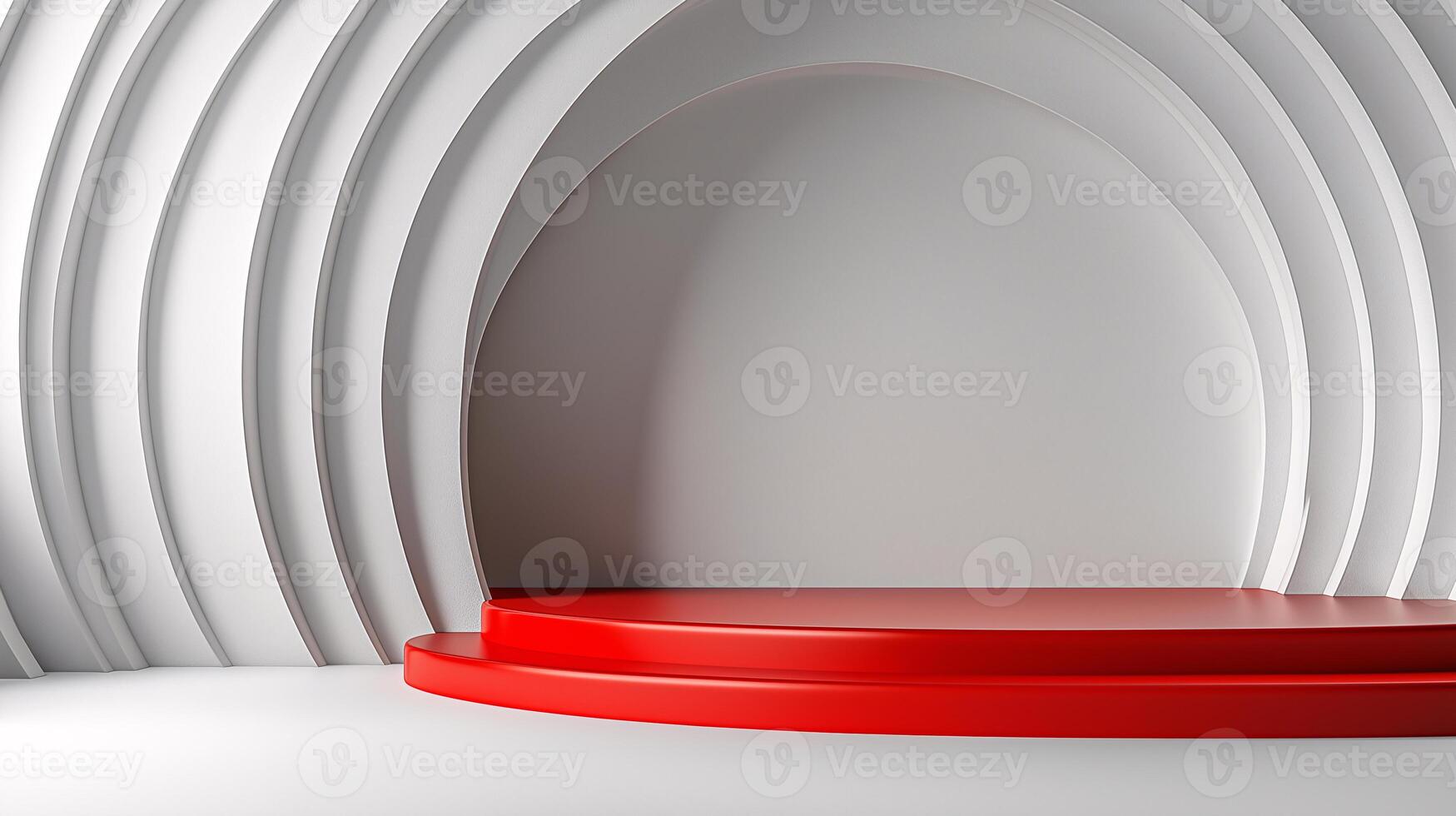 The image is a white and red stage with a red platform photo