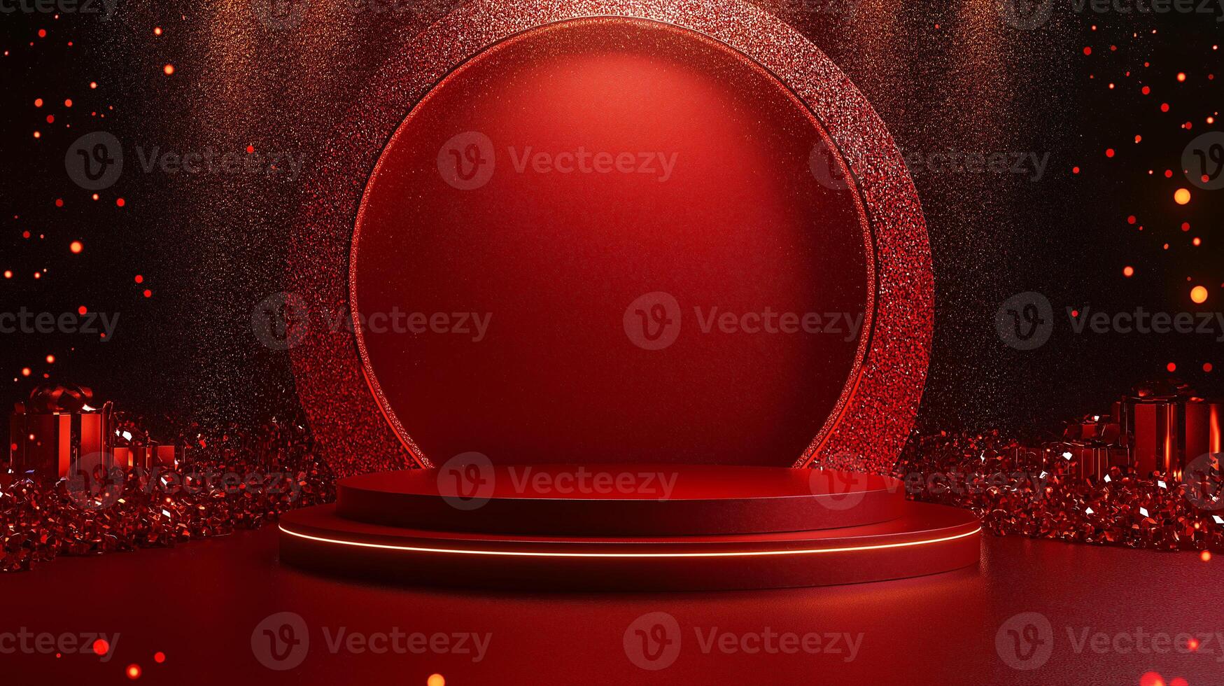 A red stage with a red circle in the middle photo