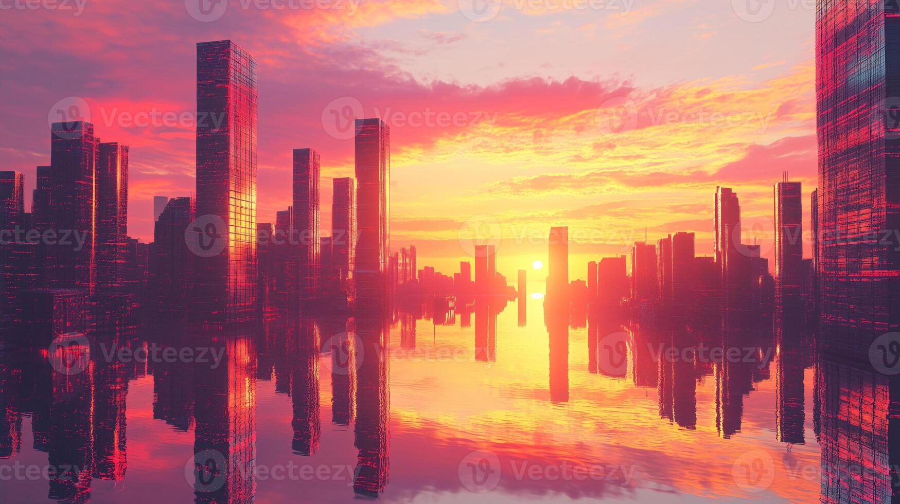 A city skyline is reflected in the water as the sun sets photo