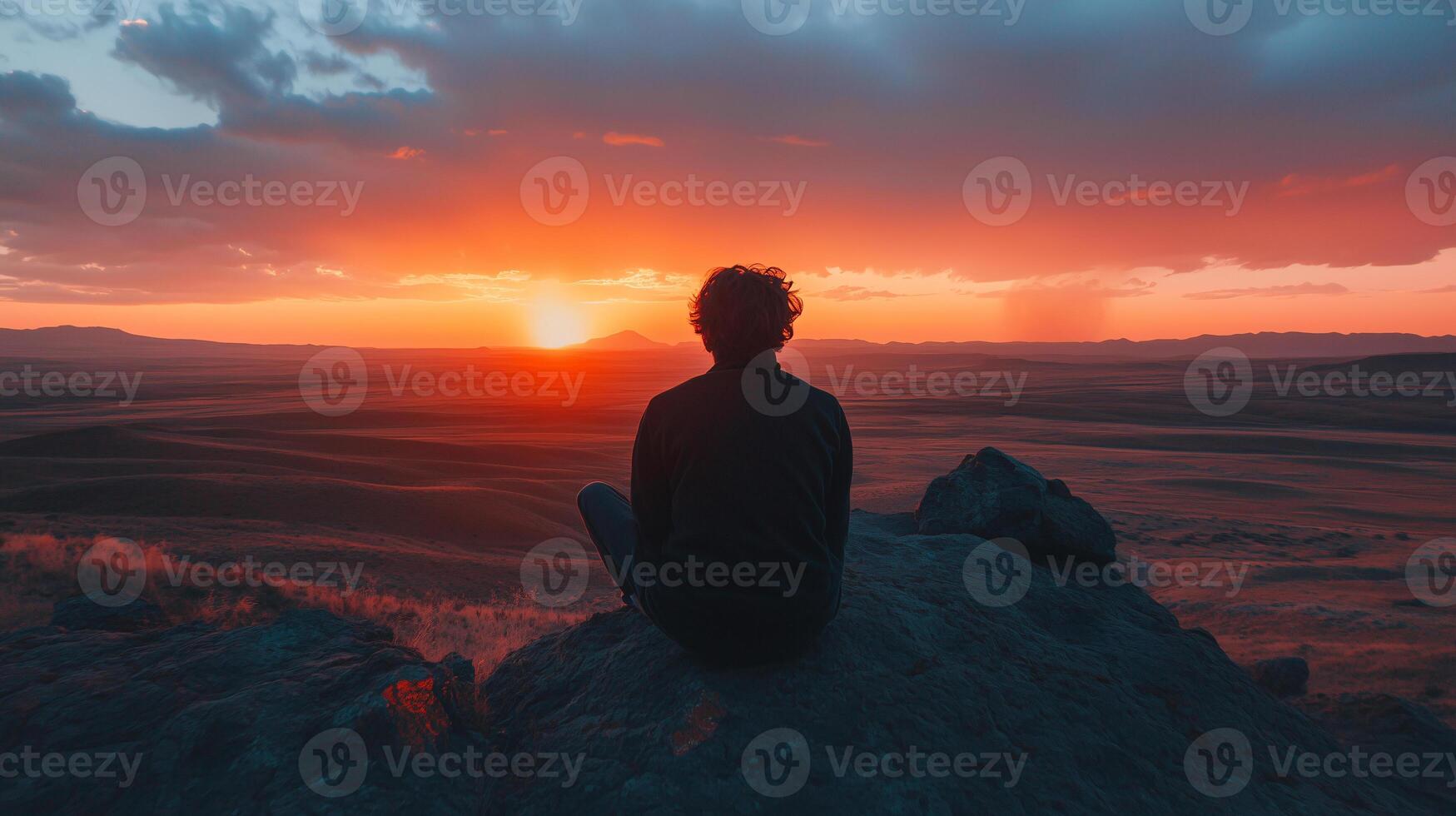 A man sits on a rock overlooking a beautiful sunset photo