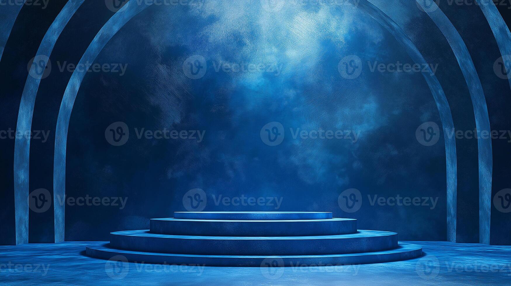 A blue stage with a blue backdrop and a blue arch photo