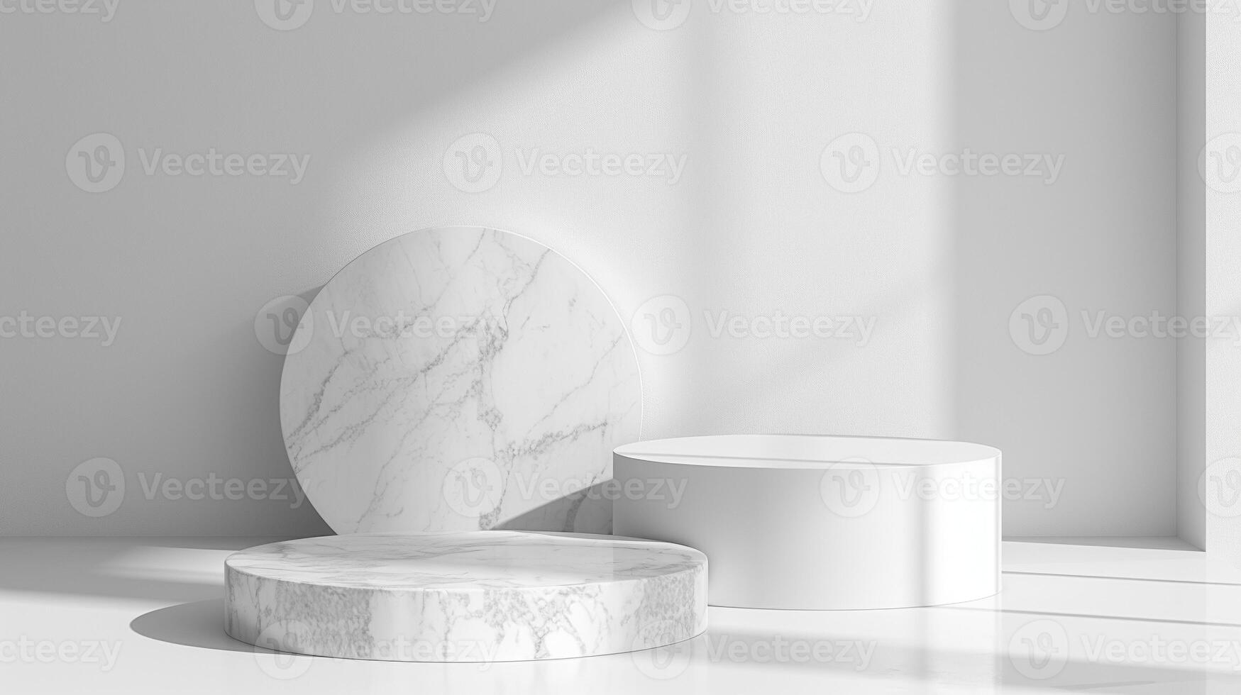 Minimalist White Marble Display Platform With Sunlight and Shadows photo