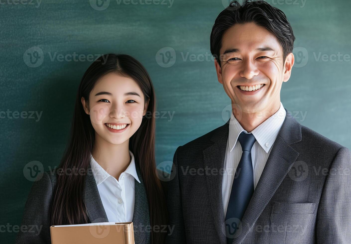 A student and a teacher are smiling for the camera. photo