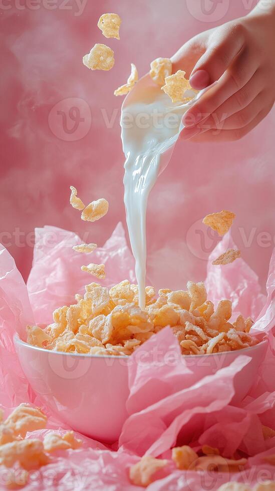 A bowl of cereal is poured into a bowl of milk photo