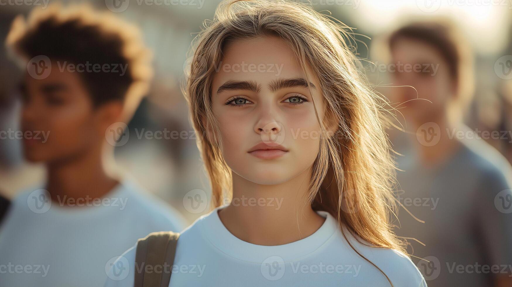 Focused Young Woman in a Busy Urban Setting photo