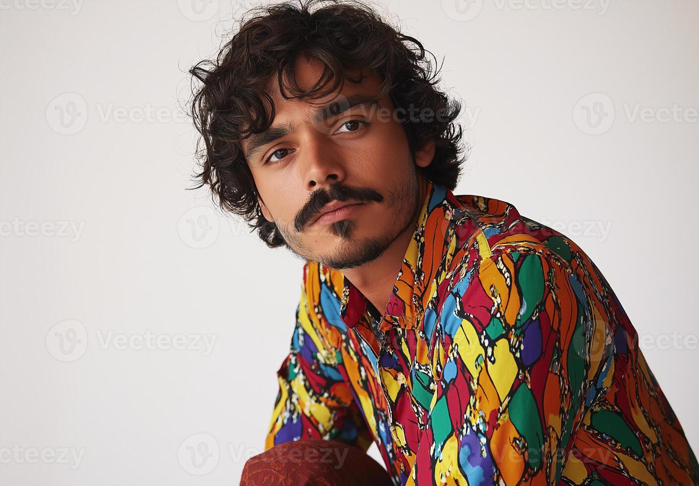 A man is sitting with a beard and moustache is wearing a colourful shirt photo