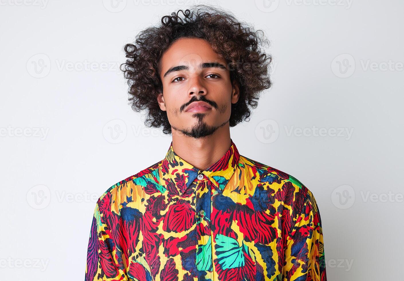 A man with a beard and a colourful shirt photo