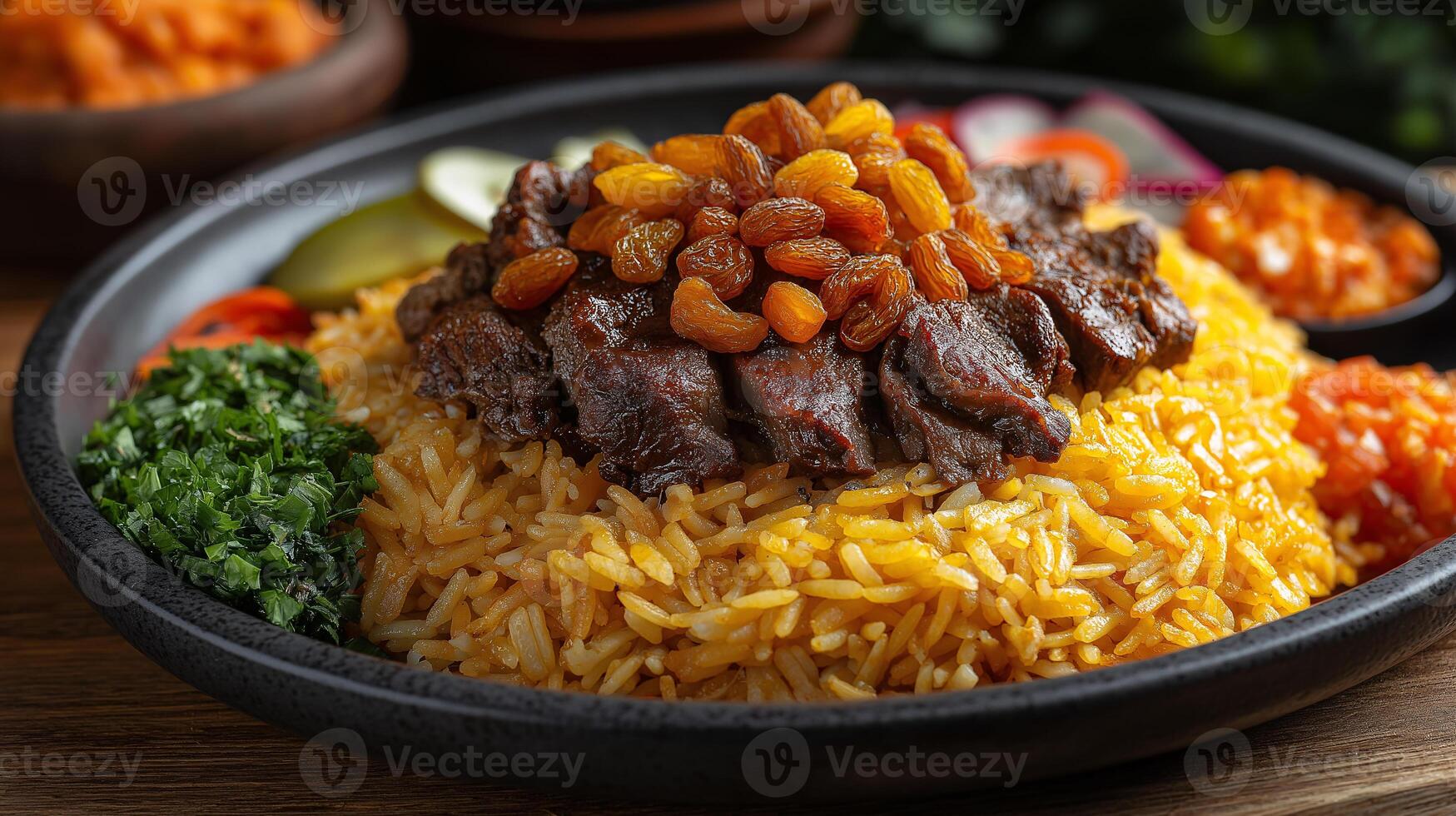 A plate of food with meat and rice, topped with raisins and pickles photo
