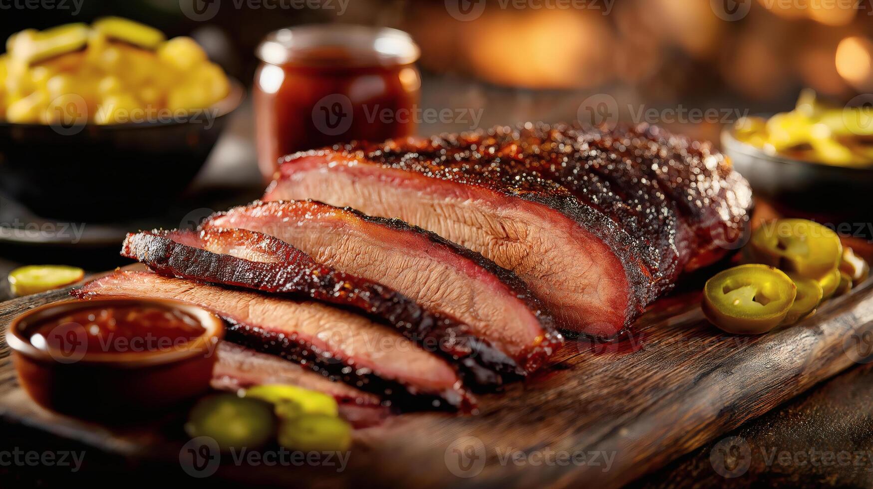 A Slow-Smoked Beef Brisket with Barbecue Sauce and Comfort Sides photo